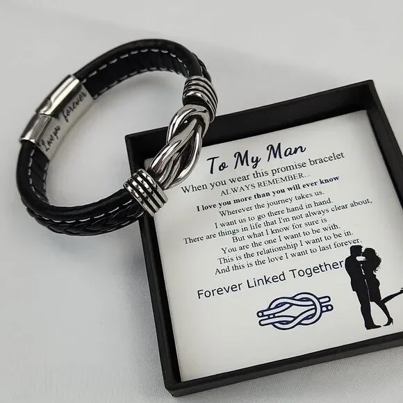 🔸️NIB Black "To My Man" Braided Leather Infinity Knot Cuff Bracelet 7.8" - Picture 5 of 11